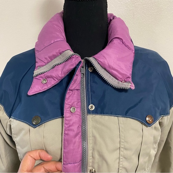 Powderhorn Mountaineering Jacket Girls Size 12 Tan Blue Vintage Down Jacket - Picture 5 of 17